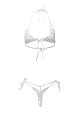 Detailed shot of a bra with nipple cutouts and a G-string with a cutout in the intimate area. The sexy white lace lingerie set with ties is isolated on the white background. Front views.