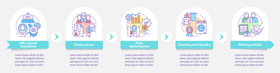 Property management in hotels round infographic template. Data visualization with 5 steps. Process timeline info chart. Workflow layout with line icons. Myriad Pro-Bold, Regular fonts used