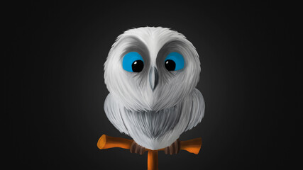 An owl with big blue eyes sits on a perch