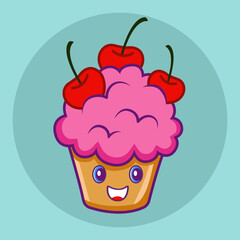 Cupcake with cherries. Cartoon character