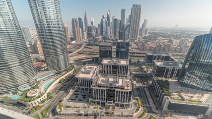 Fototapeta na wymiar Futuristic Dubai Downtown and finansial district skyline aerial timelapse.