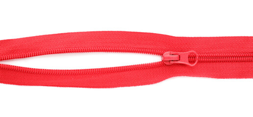Red zipper on white background, top view © New Africa
