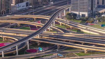 Fototapeta na wymiar Highway intersection and overpass of Dubai downtown aerial timelapse.