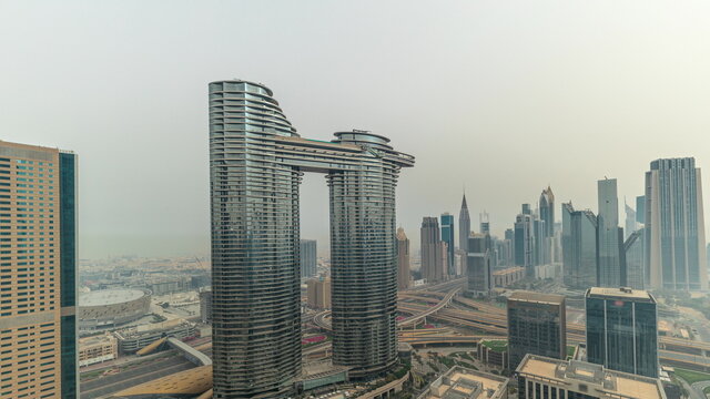 Futuristic Dubai Downtown and finansial district skyline aerial timelapse.
