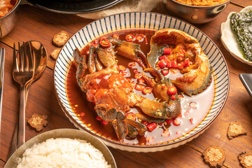 
Korean Soy Sauce Pickled Crab, Fresh raw crabs marinated in a mild soy sauce, Ganjang Gejang Korean traditional food.