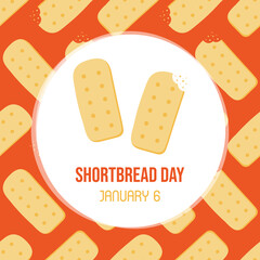National Shortbread Day vector cartoon style greeting card, illustration with shortbread cookies seamless pattern background. January 6.