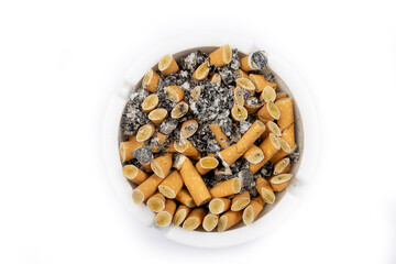 close up of cigarettes and ashtray isolated on white background