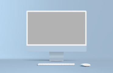 New blue desktop computer display with mouse and keyboard on blue background. Modern blank flat monitor screen. Front view.