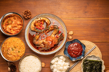 Korean Soy Sauce Pickled Crab, Fresh raw crabs marinated in a mild soy sauce, Ganjang Gejang Korean traditional food.