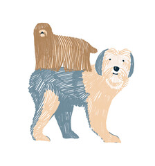 Hand-drawn childish illustration with two dogs standing on top of each other in Scandinavian flat cartoon style isolated on white background. Hatch graphic dog postcard. Bobtail. Cute animals dogs