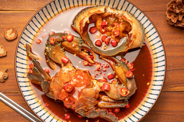 Korean Soy Sauce Pickled Crab, Fresh raw crabs marinated in a mild soy sauce, Ganjang Gejang Korean traditional food.
