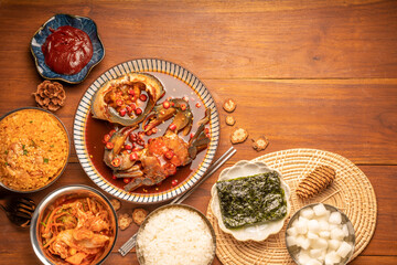 Korean Soy Sauce Pickled Crab, Fresh raw crabs marinated in a mild soy sauce, Ganjang Gejang Korean...