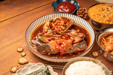 Korean Soy Sauce Pickled Crab, Fresh raw crabs marinated in a mild soy sauce, Ganjang Gejang Korean traditional food.