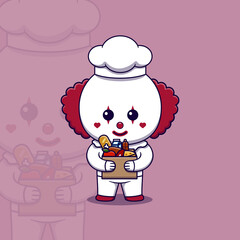 Cute clown chef holding cardboard box full food