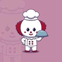 Cute clown chef holding restaurant cloche