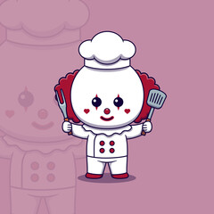 Cute clown chef holding spatula and barbecue fork