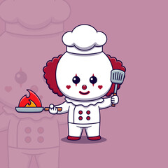 Cute clown chef holding spatula and Burning Frying Pan