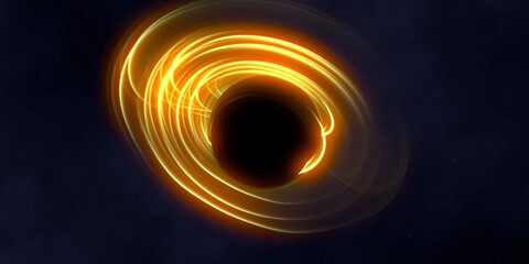 Black hole in deep space. Astronomical massive object. Hot plasma ring and event horizon. Plasma accretion disk.