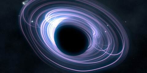 Black hole in deep space. Astronomical massive object. Hot plasma ring and event horizon. Plasma accretion disk.