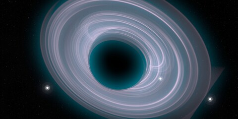 Black hole in deep space. Astronomical massive object. Hot plasma ring and event horizon. Plasma accretion disk.
