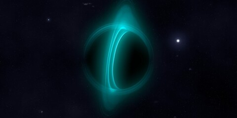 Black hole in deep space. Astronomical massive object. Hot plasma ring and event horizon. Plasma accretion disk.