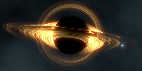 Black hole in deep space. Astronomical massive object. Hot plasma ring and event horizon. Plasma accretion disk.