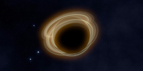 Black hole in deep space. Astronomical massive object. Hot plasma ring and event horizon. Plasma accretion disk.