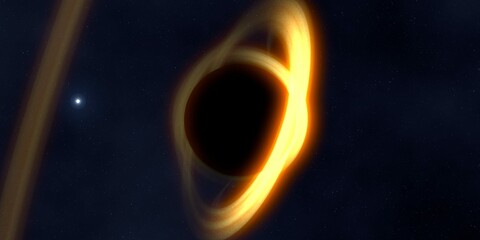 Black hole in deep space. Astronomical massive object. Hot plasma ring and event horizon. Plasma accretion disk. © Jakub