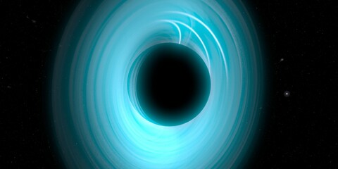 Black hole in deep space. Astronomical massive object. Hot plasma ring and event horizon. Plasma accretion disk.