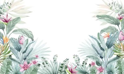Poster Aquarel set van tropische planten en bloemen, flamingo vogels, knop, bladeren. Tropische decoratieve bloemenelementen. Handgeschilderde geïsoleerde palm zomerbladeren in vintage stijl. © Elena