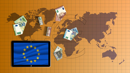 European economic banner with mobile tablet and flag. Scattered bent and twisted EU paper money, 5, 10, 20 and 100 euro banknotes on the background of the world map. View from above