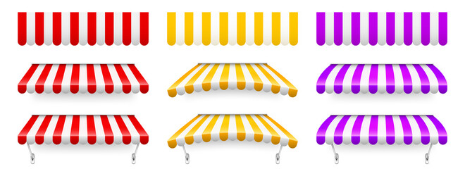 Colorful red, yellow and violet shop sunshade with metal mount. Realistic striped cafe awning. Outdoor market tent. Roof canopy. Summer street store. Vector illustration.