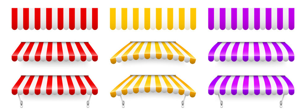 Colorful red, yellow and violet shop sunshade with metal mount. Realistic striped cafe awning. Outdoor market tent. Roof canopy. Summer street store. Vector illustration.