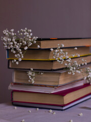 a stack of books with a gypsophila decor	
