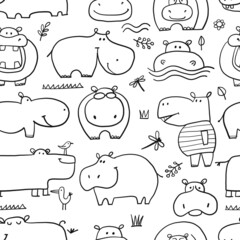 Hippopotamus family, cute hippo characters. Seamless Pattern Background for your design