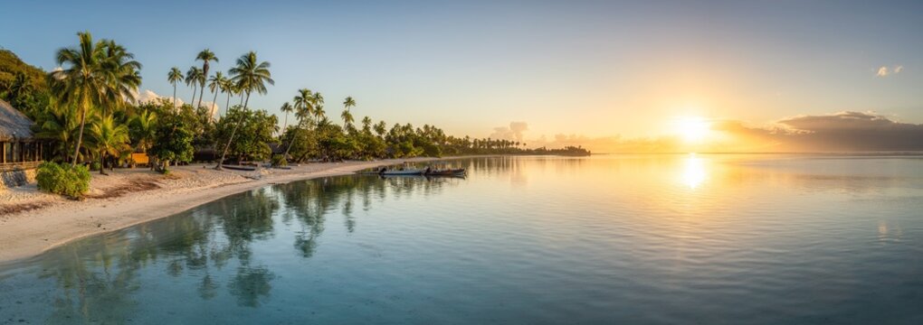 Tropical beach panorama at sunrise, Moorea island, French Polynesia