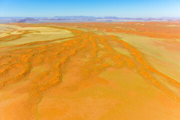 A horizontal aerial shot from an aeroplane of dunes, grass and mountains, the Namibian desert landscape 