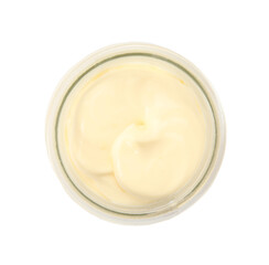 Jar of delicious mayonnaise isolated on white, top view