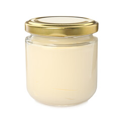 Jar of delicious mayonnaise isolated on white