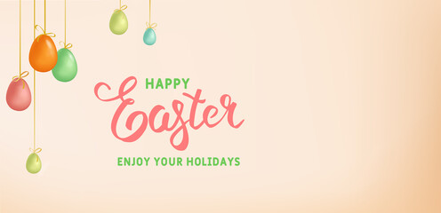 Happy Easter holiday. Eggs on beige background. Realistic vector illustration. Easter banner.
