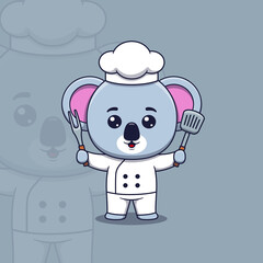 Cute koala chef holding spatula and barbecue fork © noriweuhcs
