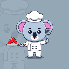 Cute koala chef holding spatula and Burning Frying Pan