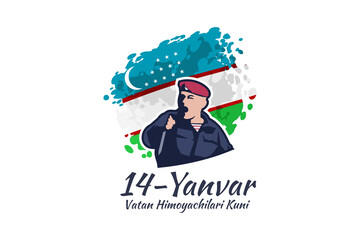Translation: January 14 is Day of Defenders of the Motherland. Happy Uzbek Army Day vector illustration. Suitable for greeting card, poster and banner.