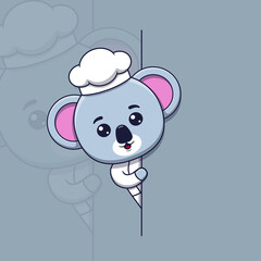 Cute koala chef peeking out behind blank sign