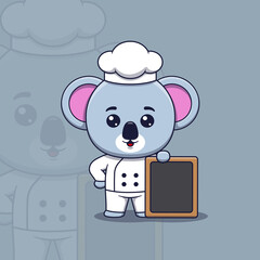 Cute koala chef standing beside an empty signboard