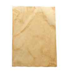 Sheet of old parchment paper isolated on white, top view. Space for design