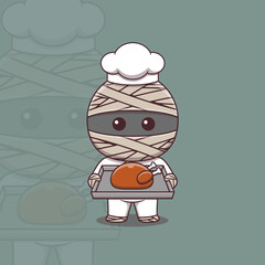 Cute mummy chef holding a tray of roast chicken
