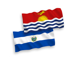 National vector fabric wave flags of Republic of El Salvador and Republic of Kiribati isolated on white background. 1 to 2 proportion.