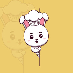 Cute rabbit chef peeking out behind blank sign
