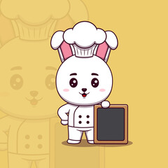 Cute rabbit chef standing beside an empty signboard